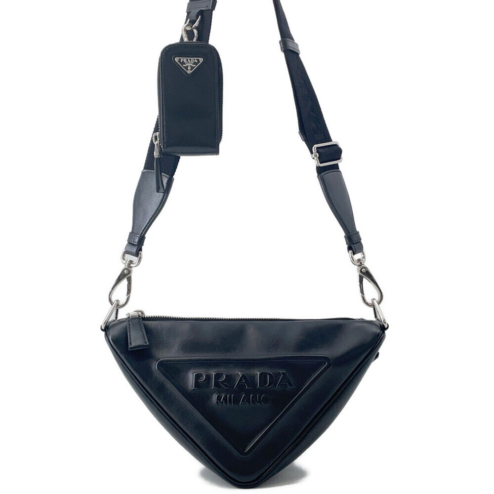 Prada Shoulder Bag Triangle Leather Logo Black